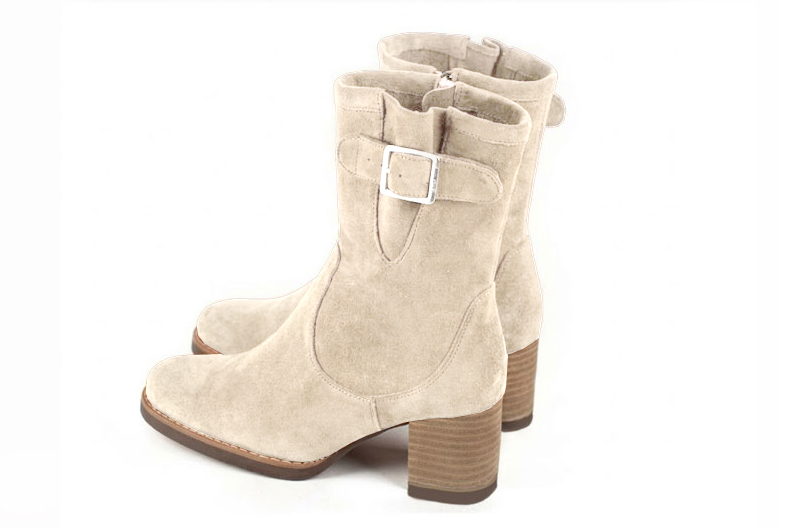 Women's cream side-buckle ankle boots with round toe and mid block heel - Rear view